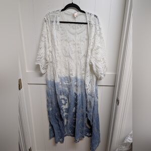 Dizzy Gal White Blue Ombre Lace Duster Cover Up, XL
